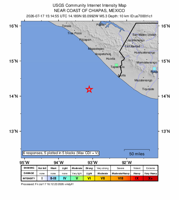 USGS DYFI community-reported intensity map for the M5.3 earthquake near 93 km SW of Puerto Madero, Mexico