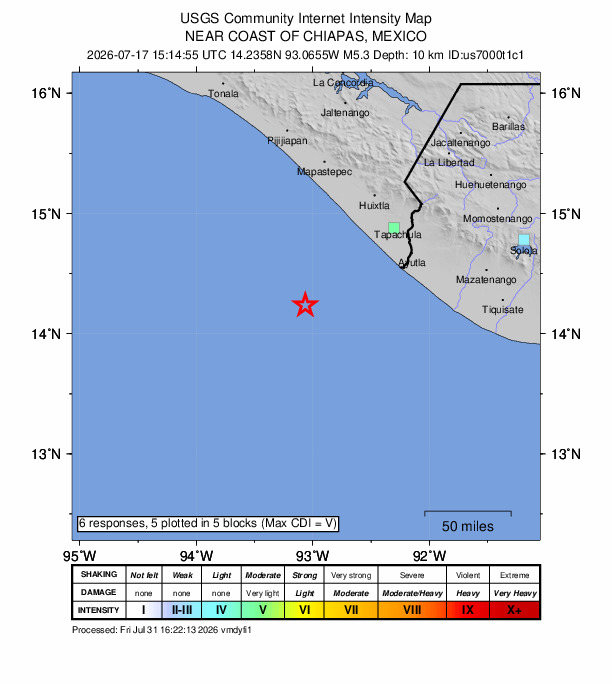 USGS DYFI community-reported intensity map for the M5.3 earthquake near 87 km SW of Puerto Madero, Mexico