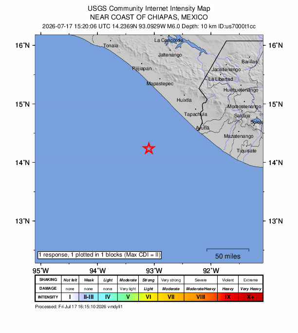 USGS DYFI community-reported intensity map for the M6.0 earthquake near 90 km SW of Puerto Madero, Mexico