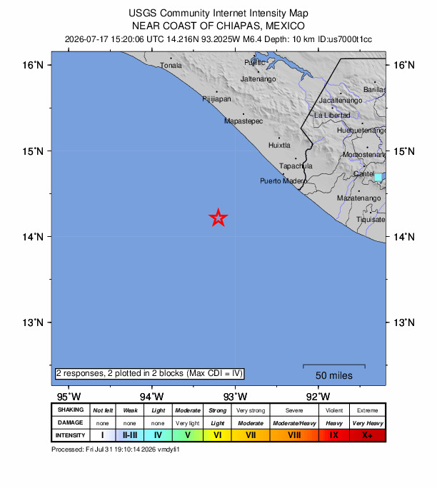 USGS DYFI community-reported intensity map for the M6.4 earthquake near 101 km WSW of Puerto Madero, Mexico