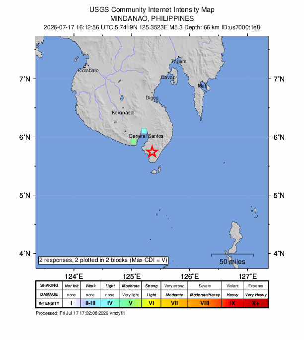 USGS DYFI community-reported intensity map for the M5.3 earthquake near 9 km ENE of Pangyan, Philippines