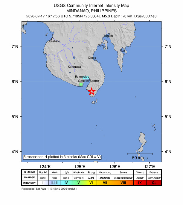 USGS DYFI community-reported intensity map for the M5.3 earthquake near 6 km E of Pangyan, Philippines