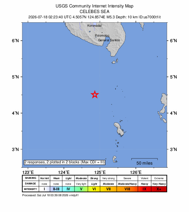 USGS DYFI community-reported intensity map for the M5.3 earthquake near 119 km SW of Sarangani, Philippines