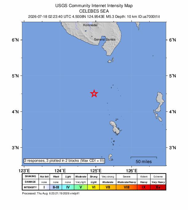 USGS DYFI community-reported intensity map for the M5.3 earthquake near 119 km SW of Sarangani, Philippines