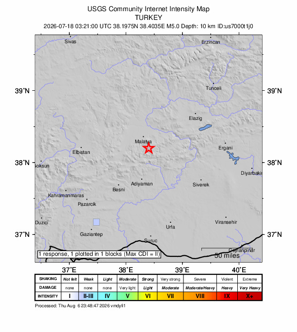 USGS DYFI community-reported intensity map for the M5.0 earthquake near 17 km SE of Yeşilyurt, Turkey