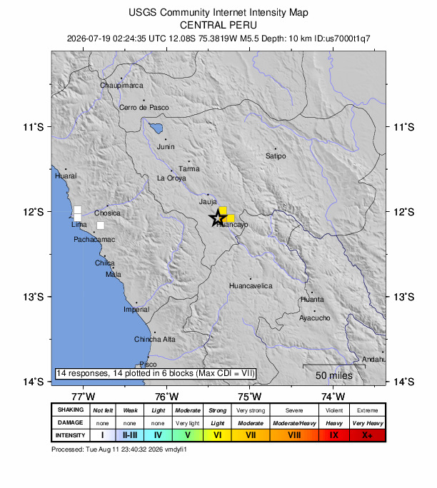 USGS DYFI community-reported intensity map for the M5.5 earthquake near 5 km S of Chambara, Peru