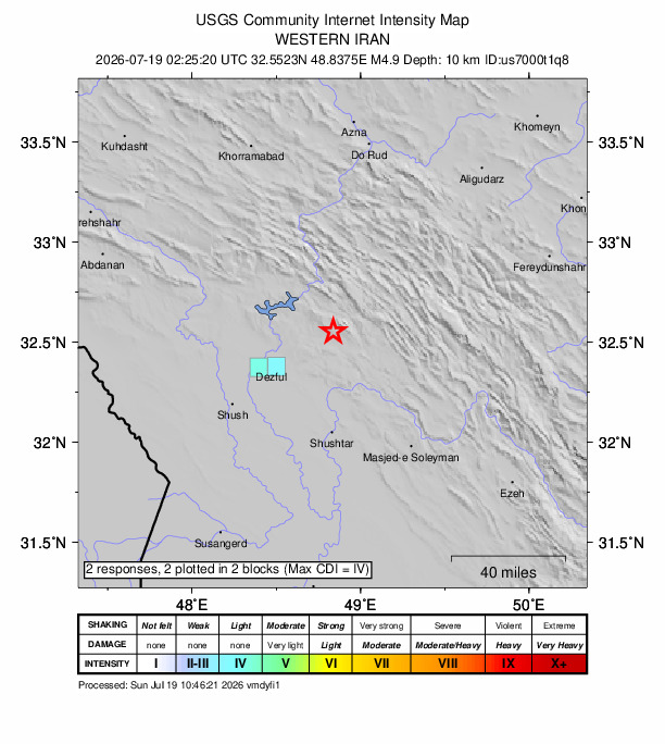 USGS DYFI community-reported intensity map for the M4.9 earthquake near 40 km ENE of Shahrak-e Kūlūrī, Iran