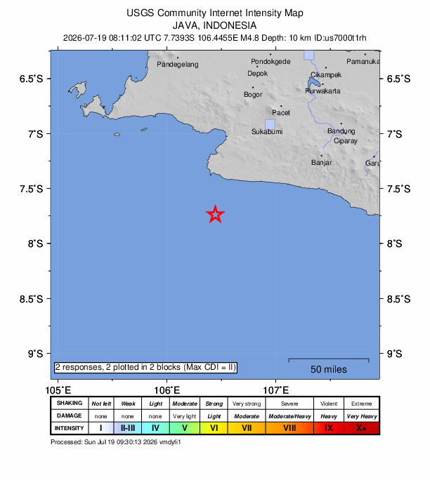 USGS DYFI community-reported intensity map for the M4.8 earthquake near 83 km S of Pelabuhanratu, Indonesia