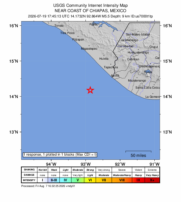 USGS DYFI community-reported intensity map for the M5.5 earthquake near 77 km SW of Puerto Madero, Mexico