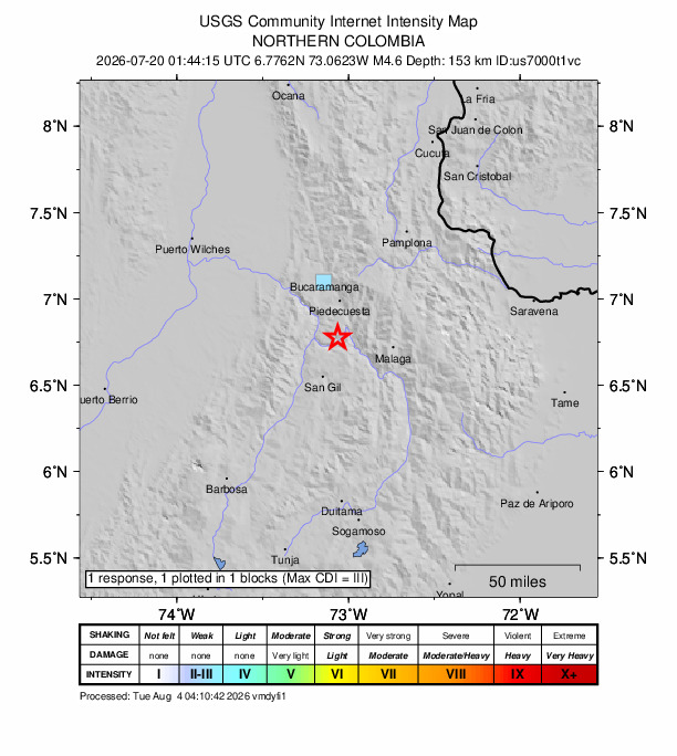 USGS DYFI community-reported intensity map for the M4.6 earthquake near 6 km NE of Jordán, Colombia
