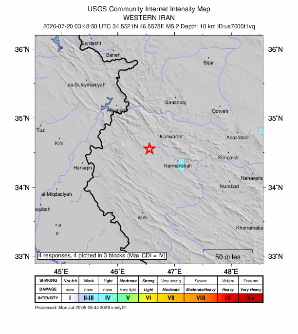 USGS DYFI community-reported intensity map for the M5.2 earthquake near 27 km S of Javānrūd, Iran
