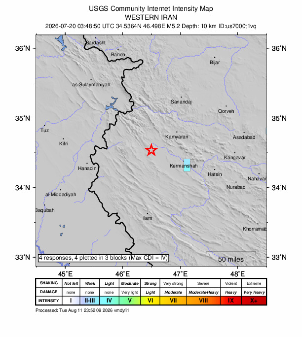 USGS DYFI community-reported intensity map for the M5.2 earthquake near 28 km S of Javānrūd, Iran