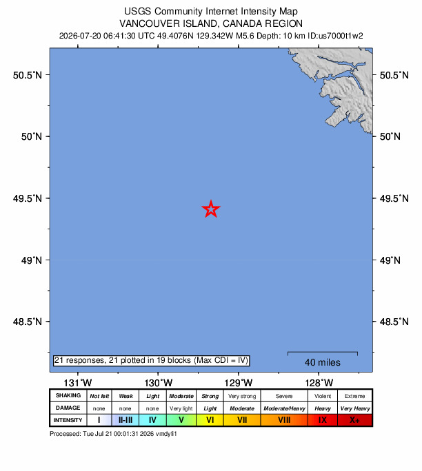 USGS DYFI community-reported intensity map for the M5.6 earthquake near 208 km SW of Port McNeill, Canada