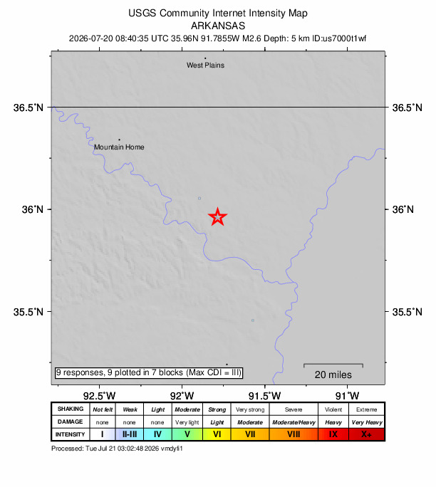 USGS DYFI community-reported intensity map for the M2.6 earthquake near 2 km W of Mount Pleasant, Arkansas
