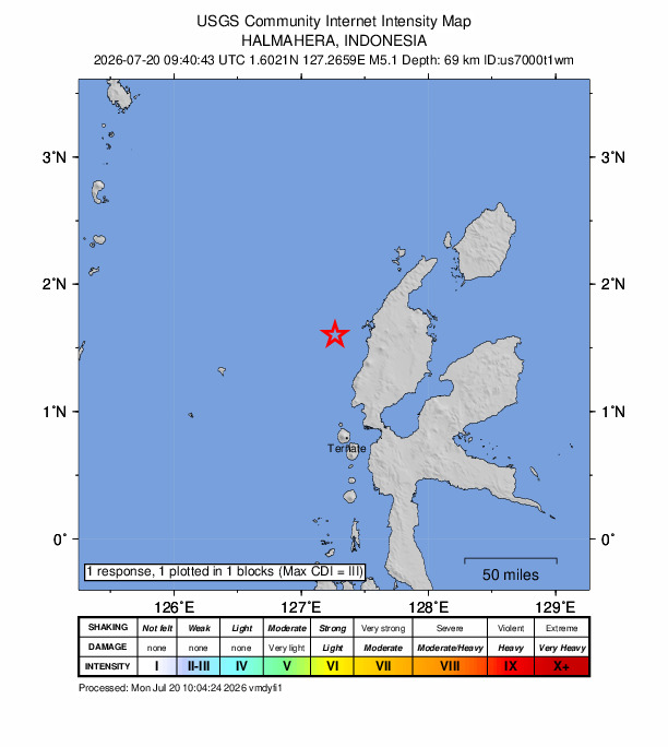 USGS DYFI community-reported intensity map for the M5.1 earthquake near 83 km W of Tobelo, Indonesia