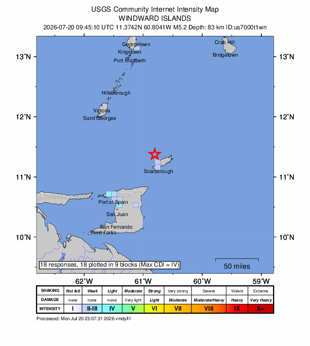USGS DYFI community-reported intensity map for the M5.2 earthquake near 22 km NNW of Scarborough, Trinidad and Tobago
