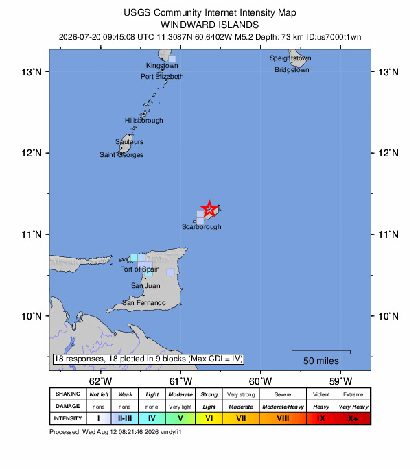 USGS DYFI community-reported intensity map for the M5.2 earthquake near 17 km NE of Scarborough, Trinidad and Tobago