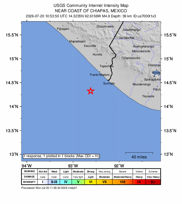 USGS DYFI community-reported intensity map for the M4.9 earthquake near 48 km WSW of Brisas Barra de Suchiate, Mexico