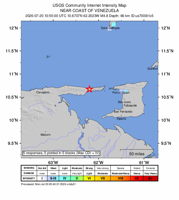 USGS DYFI community-reported intensity map for the M4.8 earthquake near 14 km NE of Güiria, Venezuela