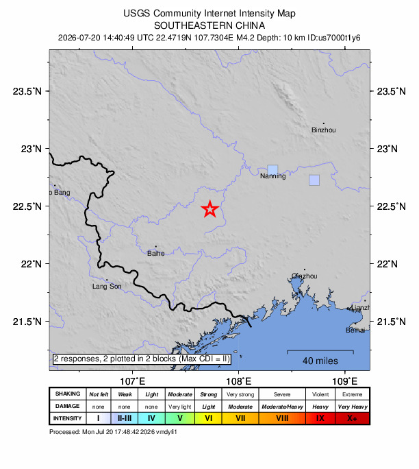 USGS DYFI community-reported intensity map for the M4.2 earthquake near 38 km ENE of Chongzuo, China
