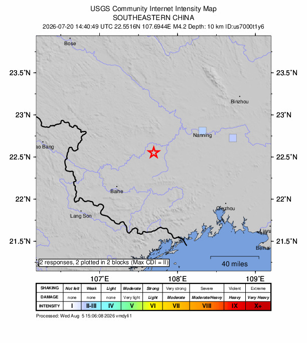 USGS DYFI community-reported intensity map for the M4.2 earthquake near 38 km ENE of Chongzuo, China