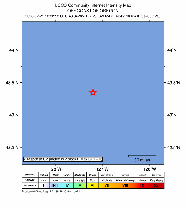 USGS DYFI community-reported intensity map for the M4.6 earthquake near 228 km W of Bandon, Oregon