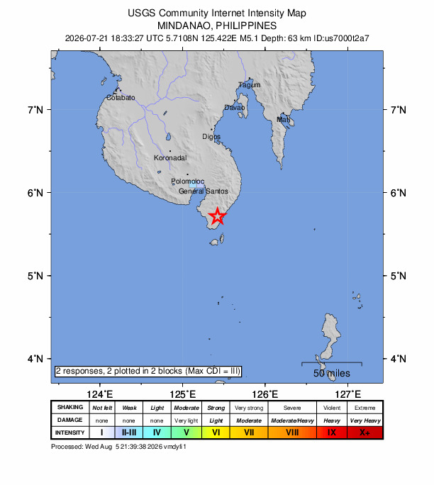 USGS DYFI community-reported intensity map for the M5.1 earthquake near 6 km NW of Sugal, Philippines