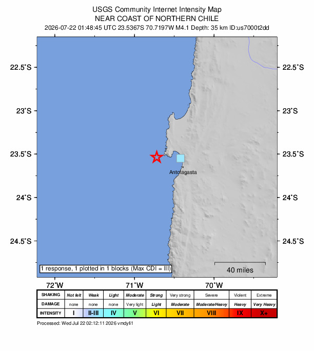 USGS DYFI community-reported intensity map for the M4.1 earthquake near 35 km WNW of Antofagasta, Chile