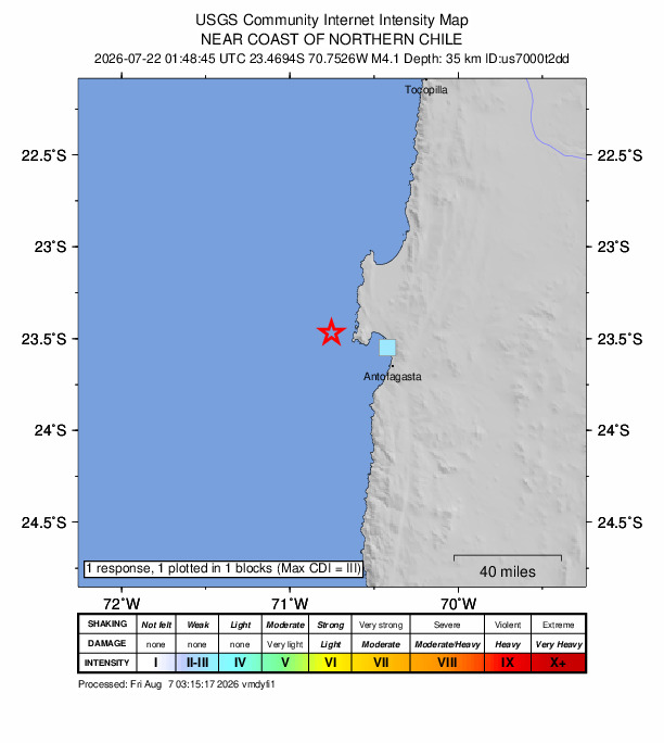 USGS DYFI community-reported intensity map for the M4.1 earthquake near 41 km WNW of Antofagasta, Chile