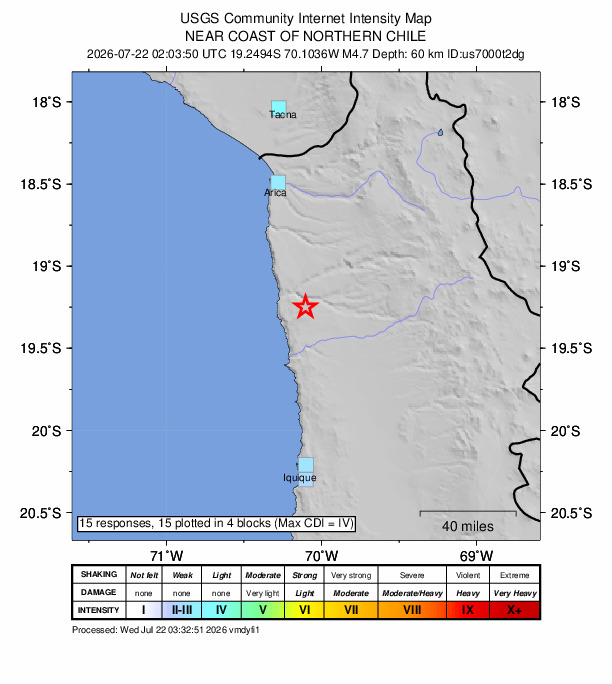 USGS DYFI community-reported intensity map for the M4.7 earthquake near 12 km SE of Cuya, Chile