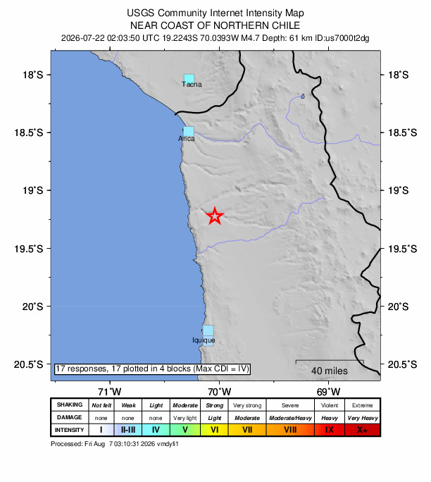 USGS DYFI community-reported intensity map for the M4.7 earthquake near 16 km ESE of Cuya, Chile