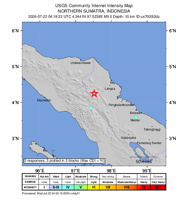 USGS DYFI community-reported intensity map for the M5.0 earthquake near 55 km WSW of Langsa, Indonesia