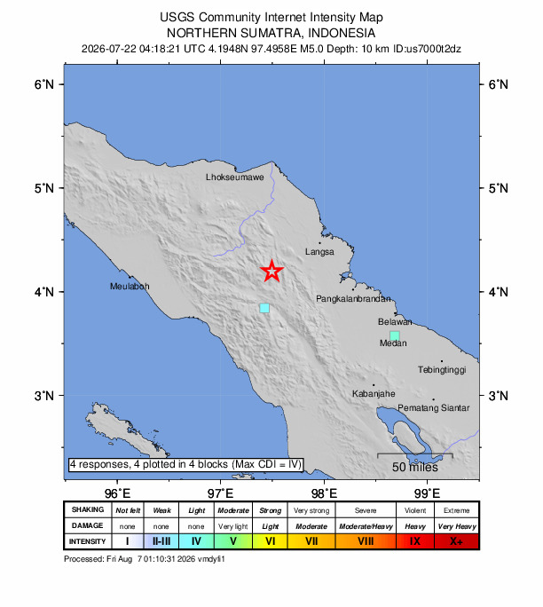 USGS DYFI community-reported intensity map for the M5.0 earthquake near 60 km WSW of Langsa, Indonesia