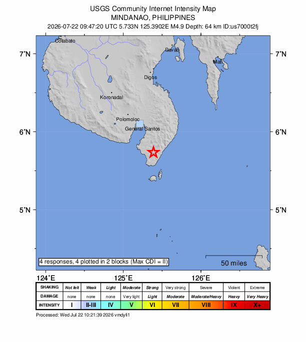 USGS DYFI community-reported intensity map for the M4.9 earthquake near 11 km NW of Sugal, Philippines