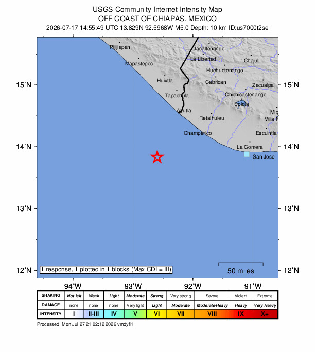 USGS DYFI community-reported intensity map for the M5.0 earthquake near 87 km SSW of Ocós, Guatemala