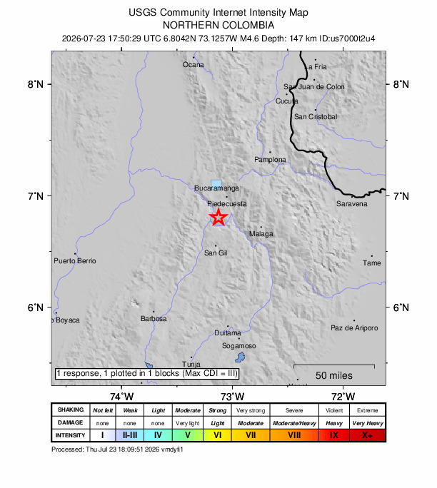 USGS DYFI community-reported intensity map for the M4.6 earthquake near 8 km NNW of Jordán, Colombia