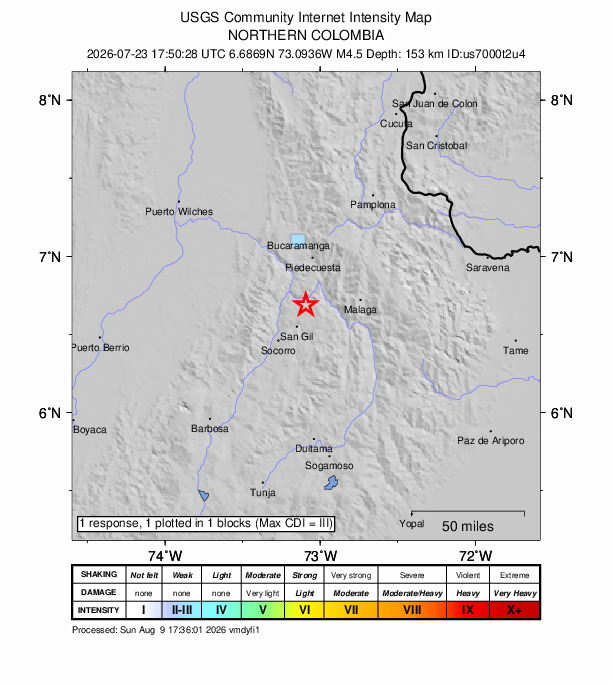 USGS DYFI community-reported intensity map for the M4.5 earthquake near 5 km S of Jordán, Colombia