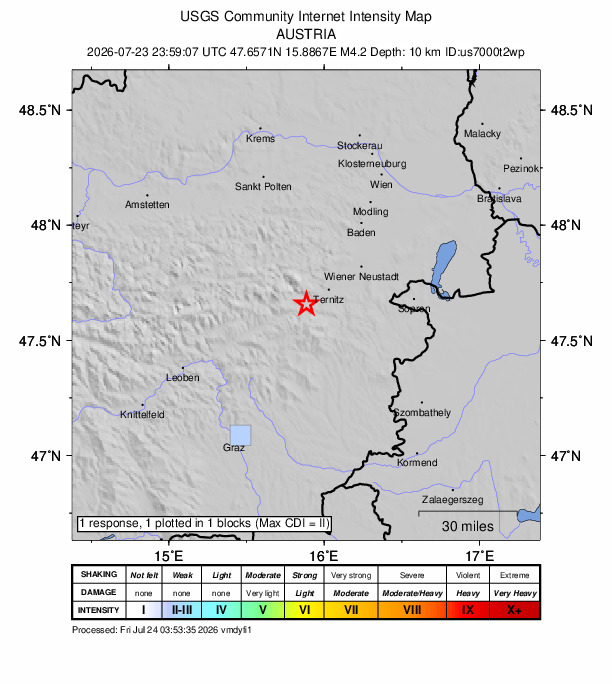 USGS DYFI community-reported intensity map for the M4.2 earthquake near 1 km E of Schottwien, Austria