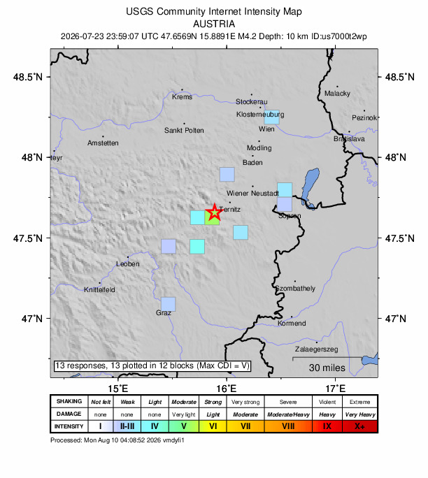 USGS DYFI community-reported intensity map for the M4.2 earthquake near 1 km E of Schottwien, Austria