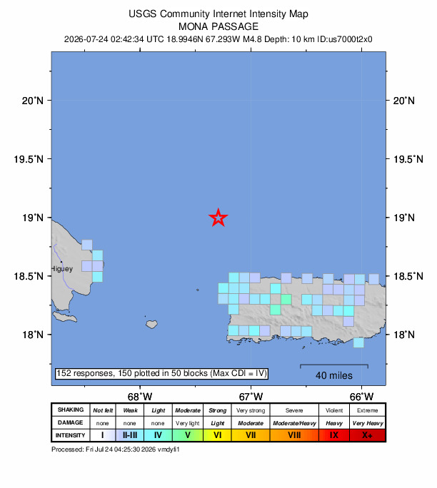 USGS DYFI community-reported intensity map for the M4.8 earthquake near 59 km NNW of San Antonio, Puerto Rico