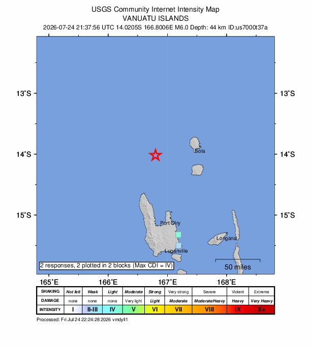 USGS DYFI community-reported intensity map for the M6.0 earthquake near 82 km W of Sola, Vanuatu