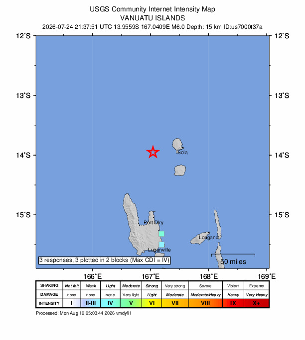 USGS DYFI community-reported intensity map for the M6.0 earthquake near 55 km W of Sola, Vanuatu