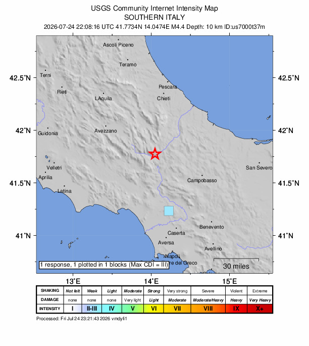 USGS DYFI community-reported intensity map for the M4.4 earthquake near 3 km NNE of Scontrone, Italy
