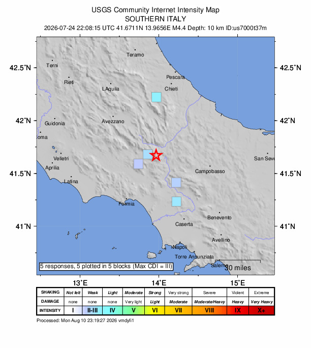 USGS DYFI community-reported intensity map for the M4.4 earthquake near 5 km W of Pizzone, Italy
