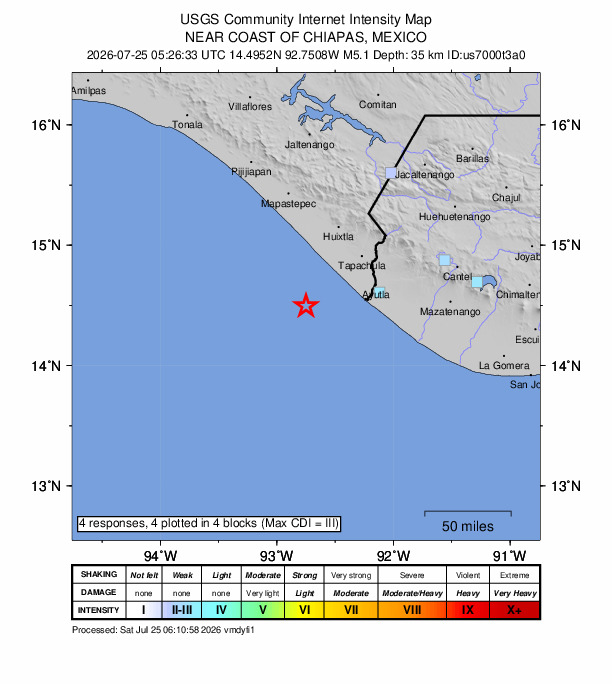 USGS DYFI community-reported intensity map for the M5.1 earthquake near 43 km SW of Puerto Madero, Mexico