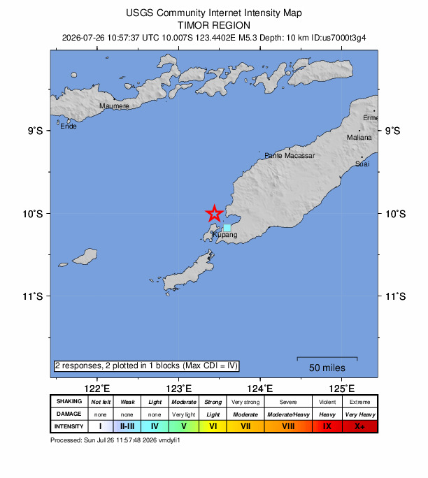 USGS DYFI community-reported intensity map for the M5.3 earthquake near 25 km NW of Kupang, Indonesia