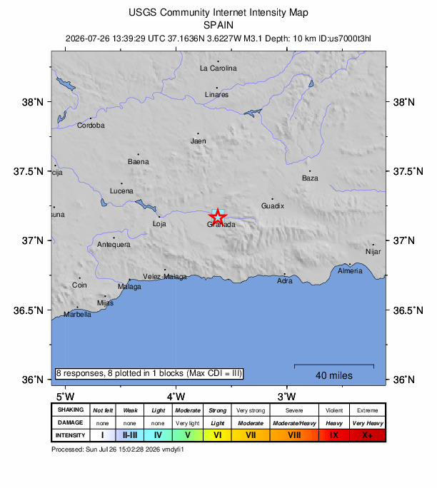 USGS DYFI community-reported intensity map for the M3.1 earthquake near 2 km N of Armilla, Spain