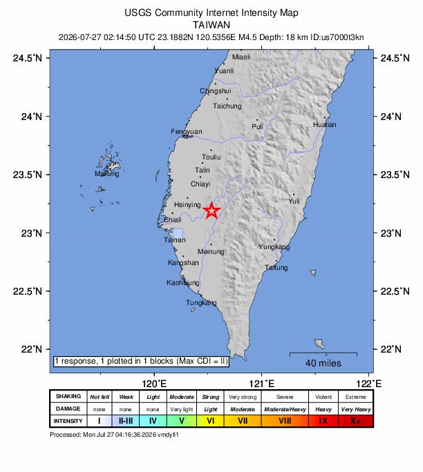 USGS DYFI community-reported intensity map for the M4.5 earthquake near 10 km NE of Yujing, Taiwan
