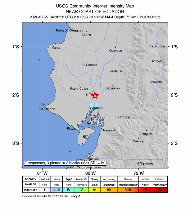 USGS DYFI community-reported intensity map for the M4.4 earthquake near 11 km SE of El Triunfo, Ecuador