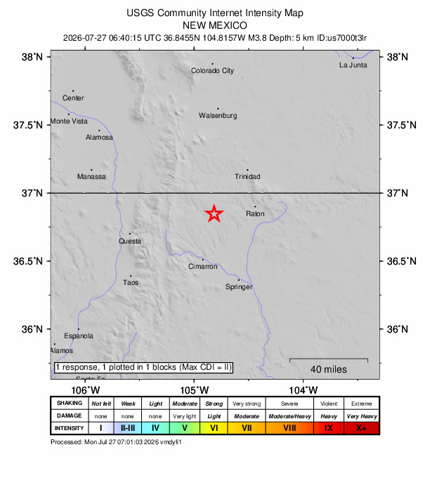 USGS DYFI community-reported intensity map for the M3.8 earthquake near 31 km S of Segundo, Colorado